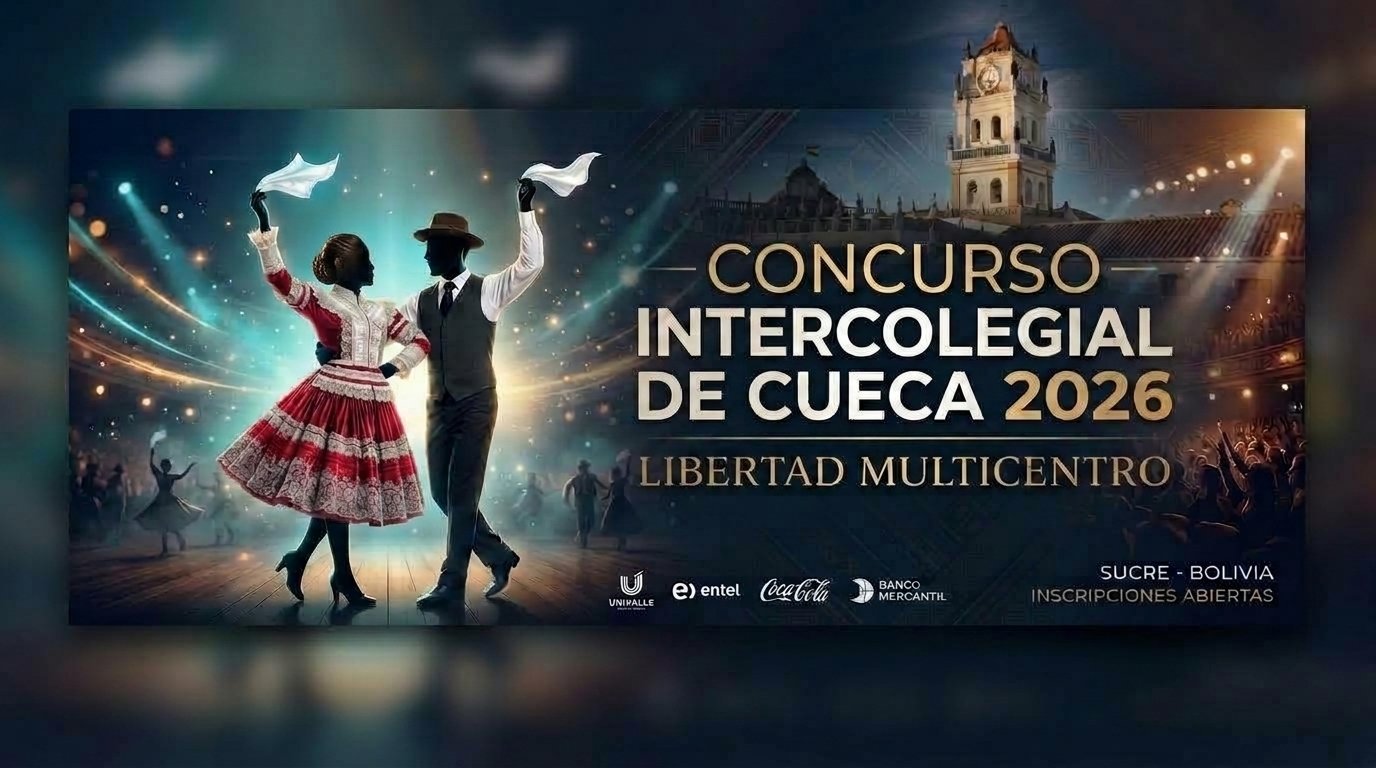 Pareja de bailarines de cueca chuquisaqueña frente a la Catedral de Sucre